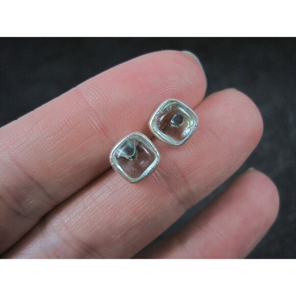 Estate Sterling Carved Blue Art Glass Stud Earrings - Picture 5 of 5